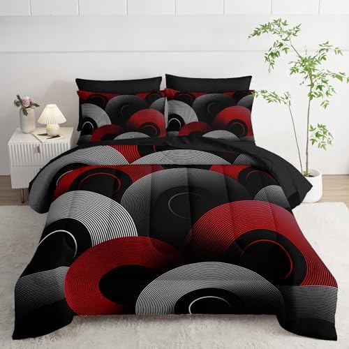 7 Piece Black and Red King Comforter Set with Geometric Pattern