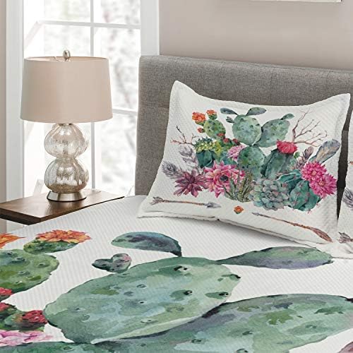 Ambesonne Cactus Coverlet Set - 3 Piece Boho Style Bedspread with Pillow Shams
