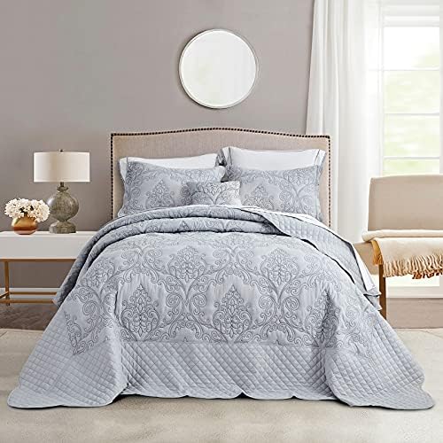 CHIXIN Full Size Bedspread Set - Damask Paisley Pattern 4-Piece Reversible