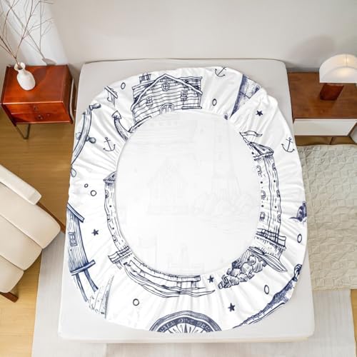 Homewish Sea Nautical Queen Sheet Set 3Pcs with Lighthouse Design
