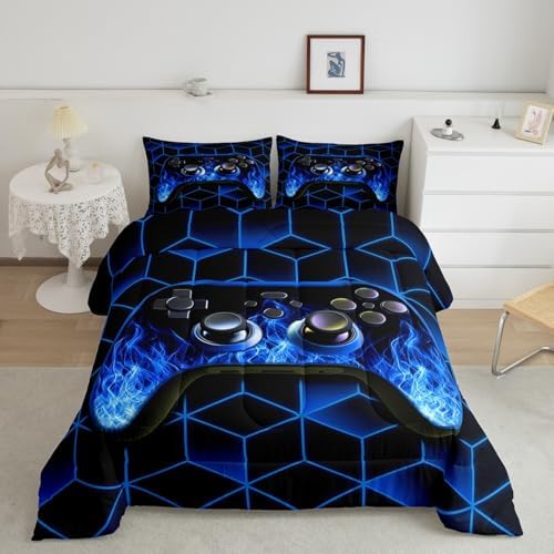 Erosebridal Blue Gaming Comforter Set - Neon Geometry Kids Bedding for Boys