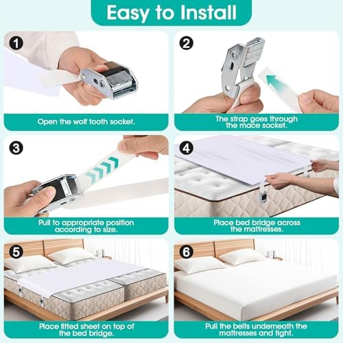 Twin to King Bed Bridge Converter with Metal Buckles and Straps - White