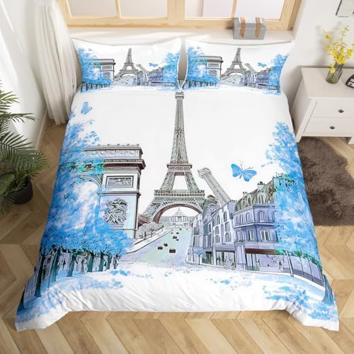 Jejeloiu Blue Eiffel Tower Duvet Cover Set