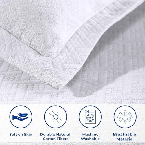 Superior 3 Piece Basketweave Cotton Bedspread Set Queen White