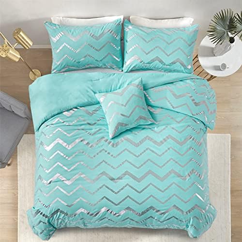Menghomeus Aqua Comforter Set King Metallic Teal and Silver 1