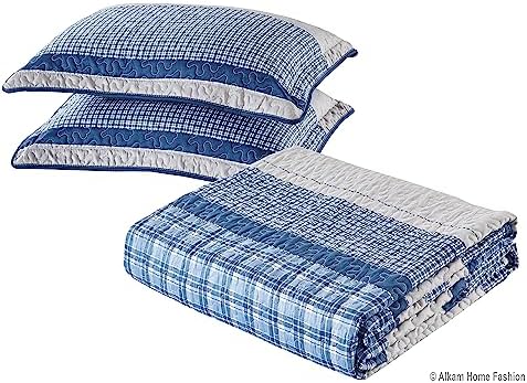 All American Collection Blue and Gray Plaid 3-Piece Queen Bedspread Set