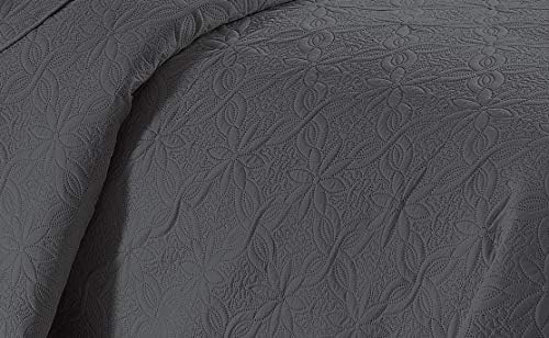 Fancy Linen 3pc Embossed Coverlet Bedspread Set Solid Floral Daisy Pattern Charcoal