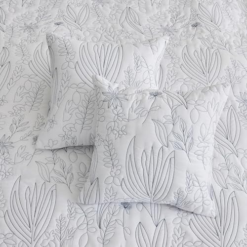 CHIXIN Botanical Bedspread Set - Full Size Leaves Pattern 4 Piece White