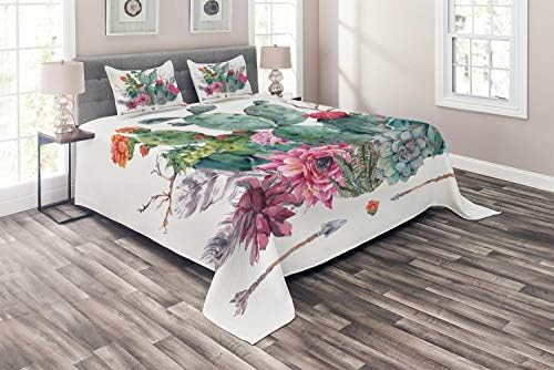 Ambesonne Cactus Coverlet Set - 3 Piece Boho Style Bedspread with Pillow Shams