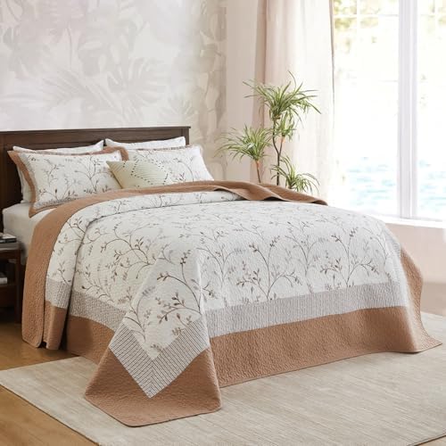 Oversized Cotton Bedspread Set Reversible Botanical Pattern