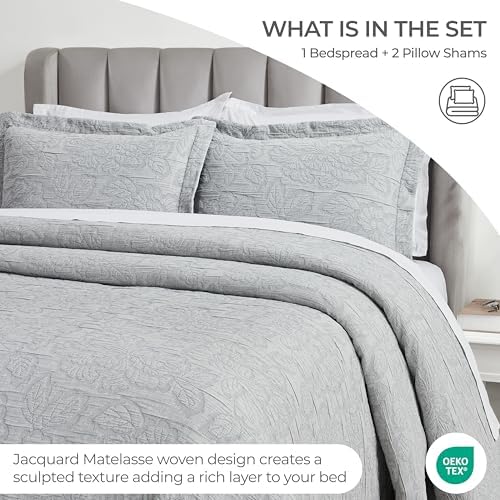 Superior 3 Piece Cotton Bedspread Set - Hibiscus Collection California King Grey