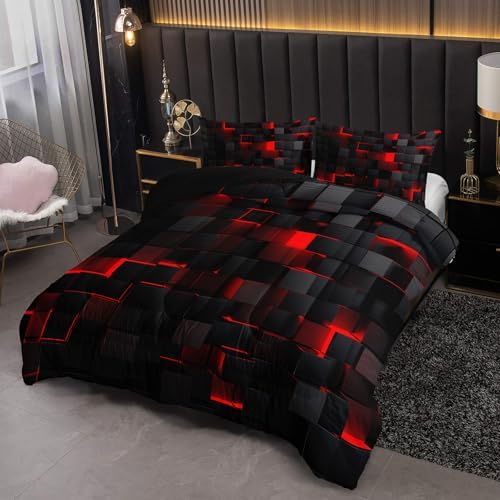Neon Red Black Kids Comforter Set 3PCS Geometric Honeycomb Bedding