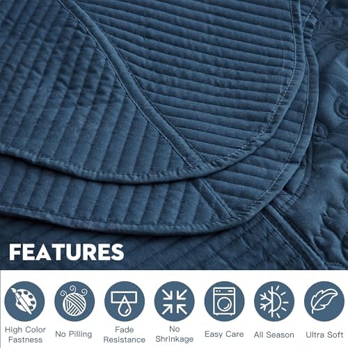 CHIXIN Oversized King Bedspread Set - Navy Damask Paisley Pattern