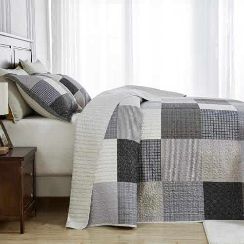 SahSahCasa 120x102 100 Cotton Oversized Queen Quilt Bedspread Set Gray 1