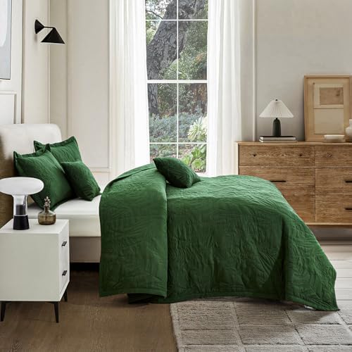 HZ HY Botanical Queen Bedspread Set Leaves Pattern Reversible 5 Piece Olive Green