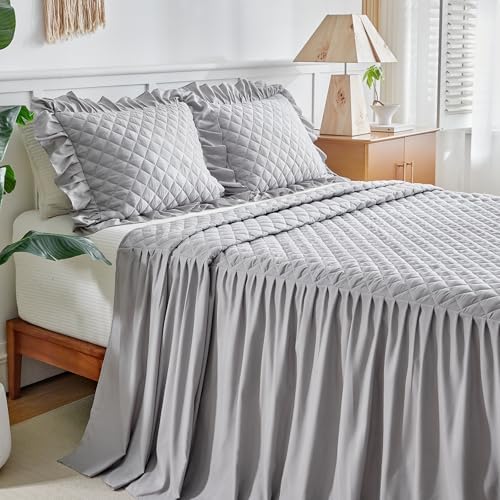 Ruffle Skirt Bedspread Set - 30 Long Drop - Queen Size Gray