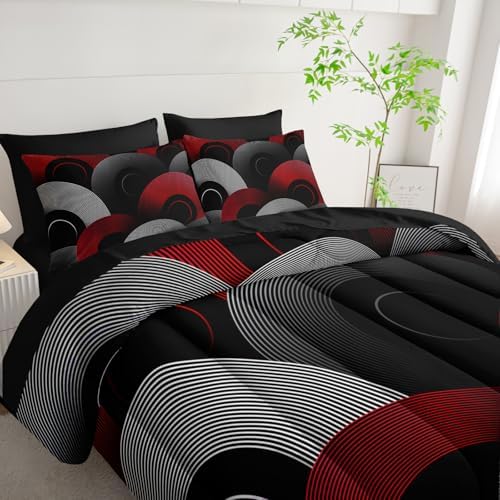 7 Piece Black and Red King Comforter Set with Geometric Pattern