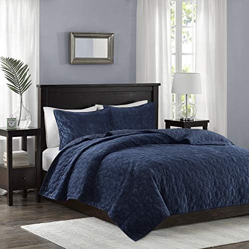 Madison Park Velvet Geometric Quilt Set Navy 3 Piece