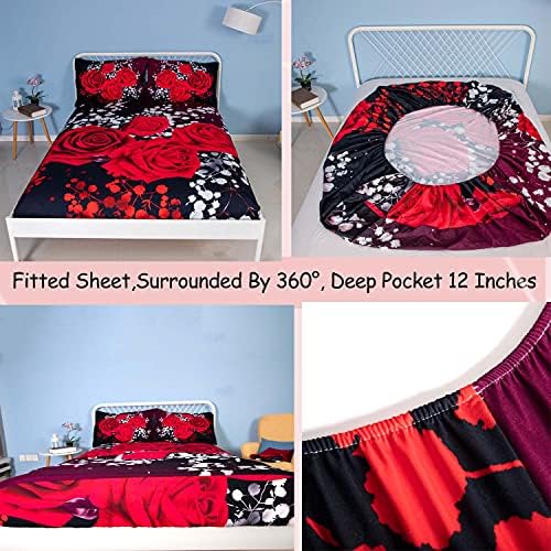 EsyDream 3D Red Rose Fitted Sheet Set - 3 Pieces King Size
