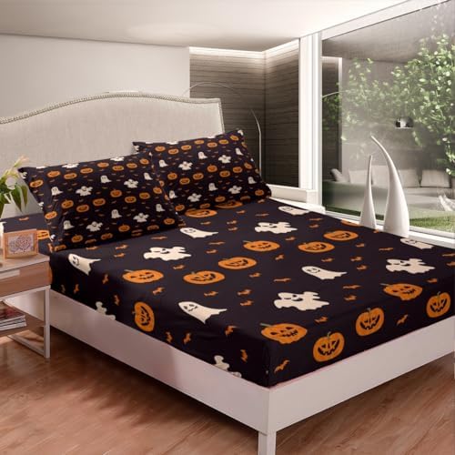 Jejeloiu King Size Pumpkin Lantern Kids Halloween Sheet Set