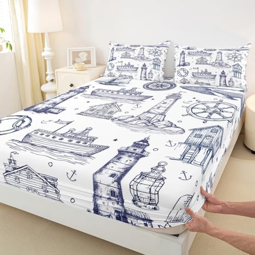Homewish Sea Nautical Queen Sheet Set 3Pcs with Lighthouse Design