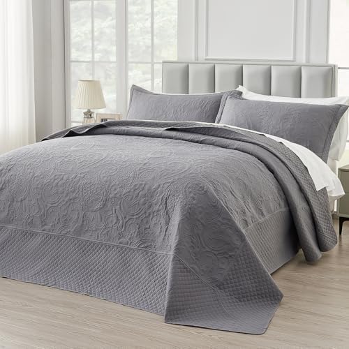 Suchbed California King Bedspread Set 128x120 Grey Paisley Quilt