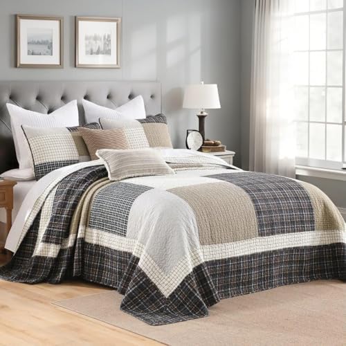 Bedduvit 100 Cotton California King Bedspread Set - 3pcs Farmhouse Patchwork Plaid