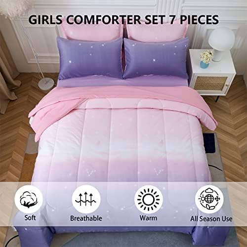 Dinjoy Girls Rainbow Comforter Set Queen 7 Pieces