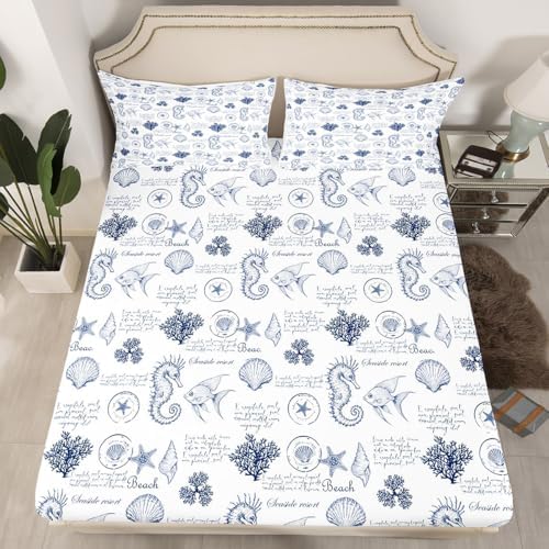 Coastal King Size Sheet Set with Seashell Print
