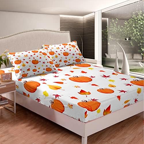 Erosebridal Fall Pumpkin King Size Sheet Set with Maple Leaves