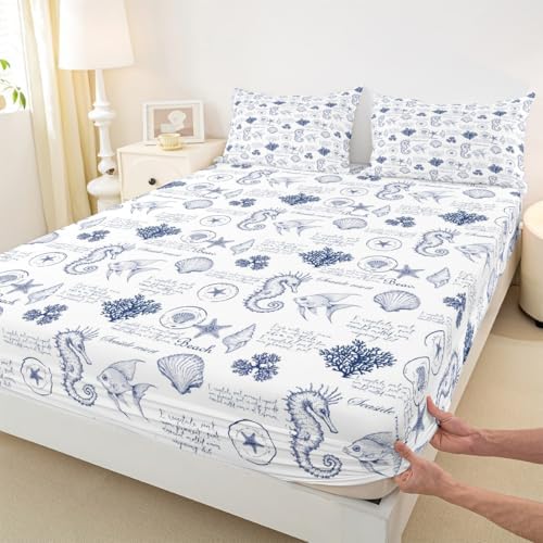 Coastal King Size Sheet Set with Seashell Print