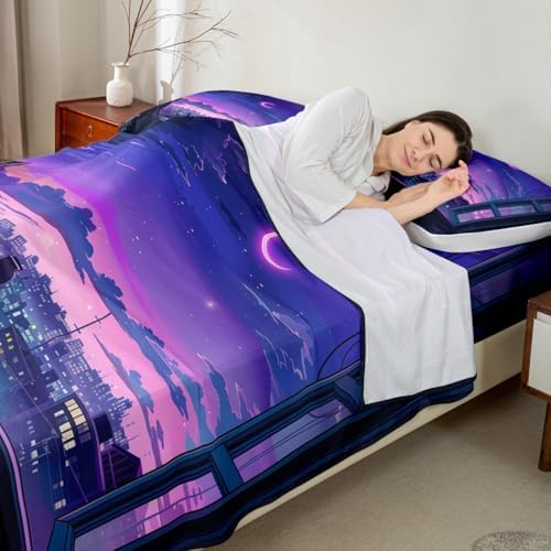Jejeloiu King Size Cat Bed Sheets Set Purple Microfiber