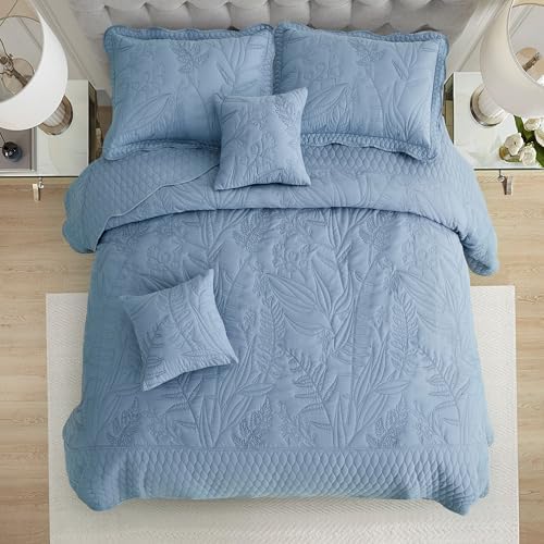 DaisyHuang Botanical Bedspread Set - Leaves Pattern Reversible 4 Piece Ashley Blue