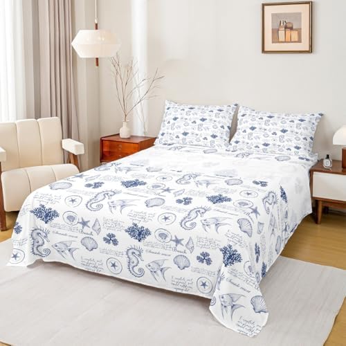 Coastal King Size Sheet Set with Seashell Print