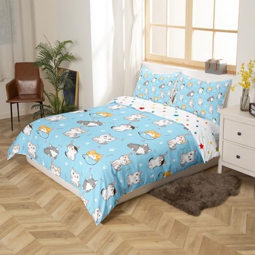 Kawaii Animal Duvet Cover Set Twin Blue Cat
