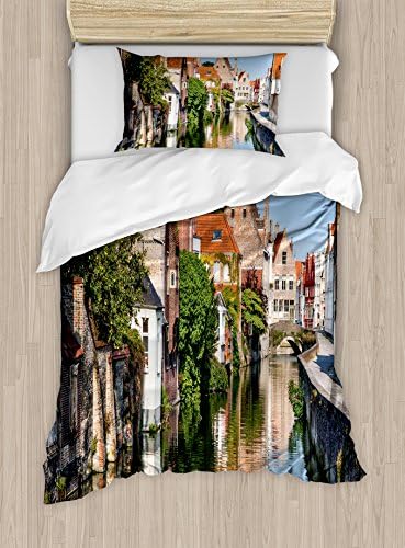 Ambesonne Twin Duvet Cover Set with Pillow Sham Bruges Canal Print