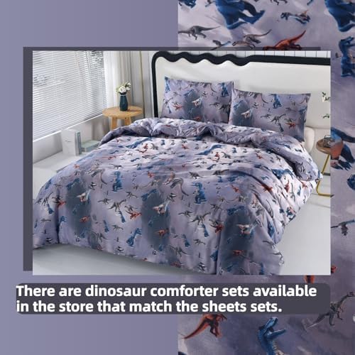 SDIII 4PCS Dinosaur Queen Sheet Set Soft Microfiber Dino Bedding for Kids
