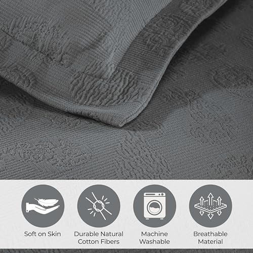 Superior Paisley 3 Piece Cotton Bedspread Set - Queen Size Grey