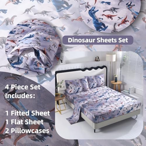 SDIII 4PCS Dinosaur Queen Sheet Set Soft Microfiber Dino Bedding for Kids