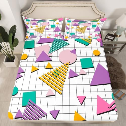 80s Memphis Purple Abstract Queen Sheet Set with Deep Pocket