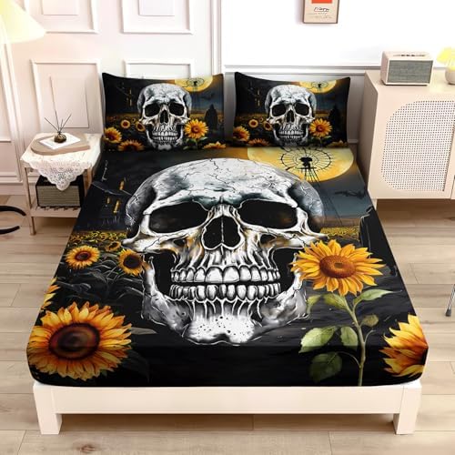 Gothic Skull Fitted Sheet with Sunflower Pattern Queen Size Set