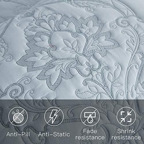 CHIXIN Oversized Bedspread Set - King Size Light Grey Damask Paisley Pattern