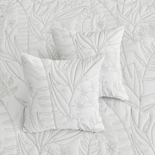 HZ HY Leaves Pattern Queen Bedspread Set Reversible Lightweight 5 Piece White