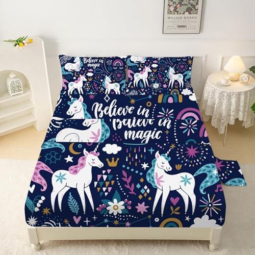 VTKON Navy Blue Unicorn Sheet Set Queen
