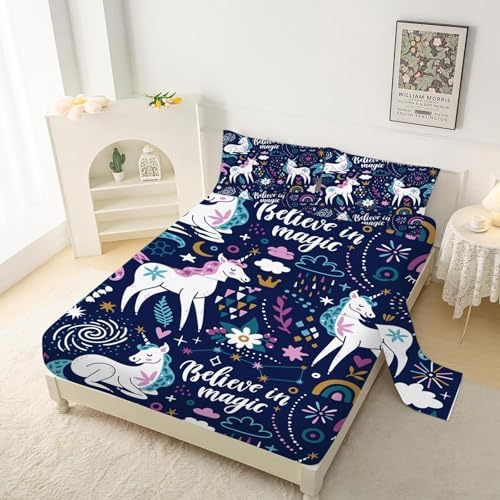 VTKON Navy Blue Unicorn Sheet Set Queen
