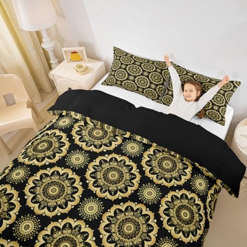 Jejeloiu Paisley Duvet Cover Set 3Pcs Black Gold Damask Pattern 1