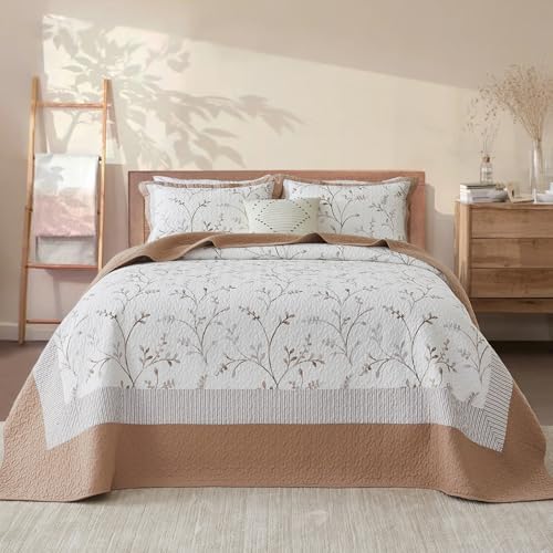 Oversized Cotton Bedspread Set Reversible Botanical Pattern