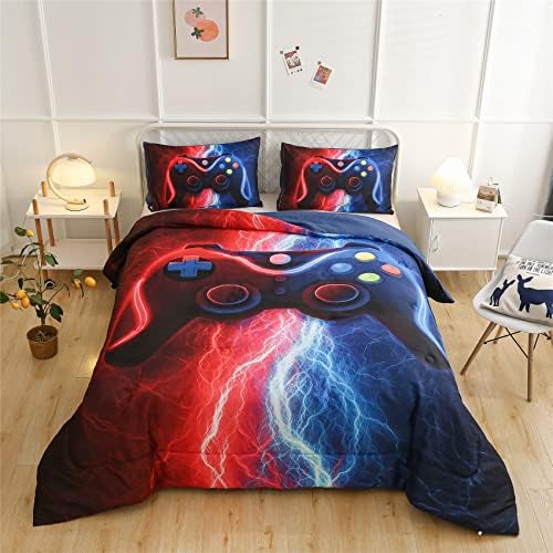 Gamer Gamepad Comforter Set for Boys Red-Blue Lightning Design