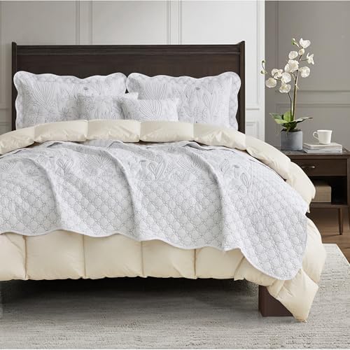 CHIXIN Botanical Bedspread Set - Full Size Leaves Pattern 4 Piece White