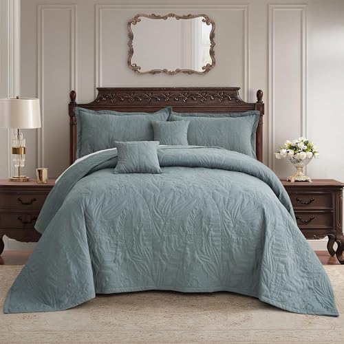 HZ HY Leaves Pattern Oversized King Bedspread Set Grey